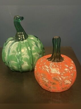 2 Hand Blown Art Glass Pumpkins Green & Orange Halloween